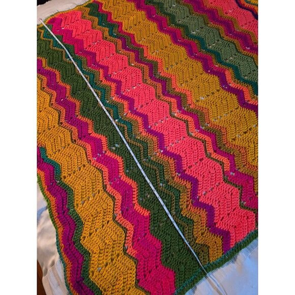 Vintage Handmade Colorful Neon Zigzag Chevron Throw Blanket Festival Crochet - Picture 5 of 8